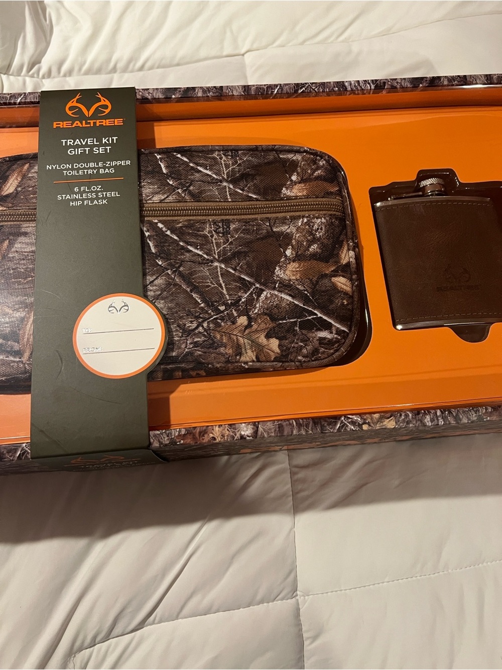 Realtree Camouflage Toiletry Bag and Leather Hip Flask - Brown Camo